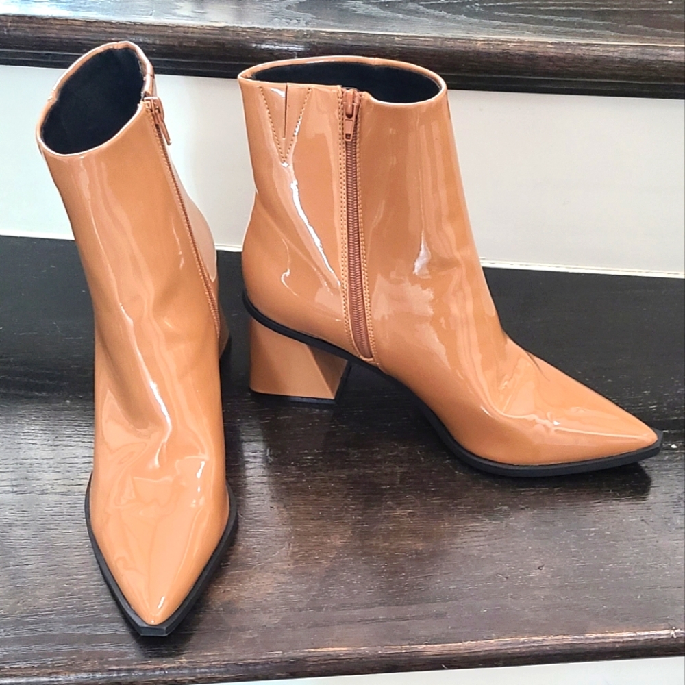 BP Tan Ankle Booties with Chunky Heel and Pointed Toe